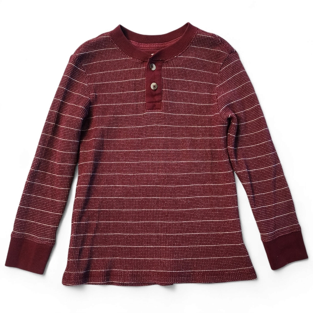 🎉Cherokee Boys’ Thermal Long Sleeve Henley Shirt – Size 5T, Maroon Striped